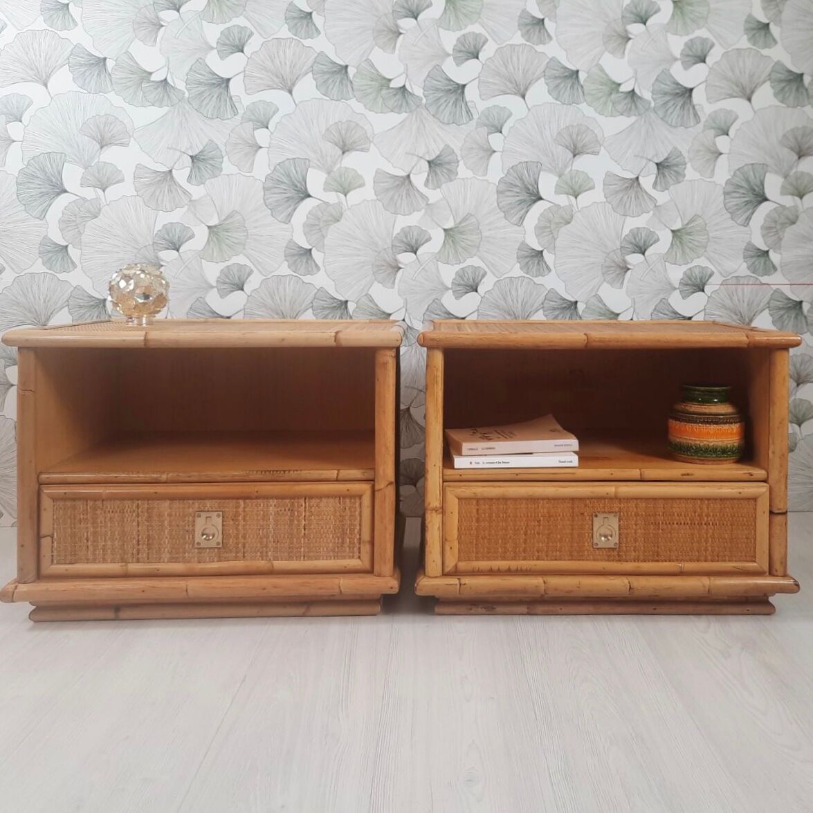 Pair of bedside tables of the 60s, Dal Vera, bamboo and wicker