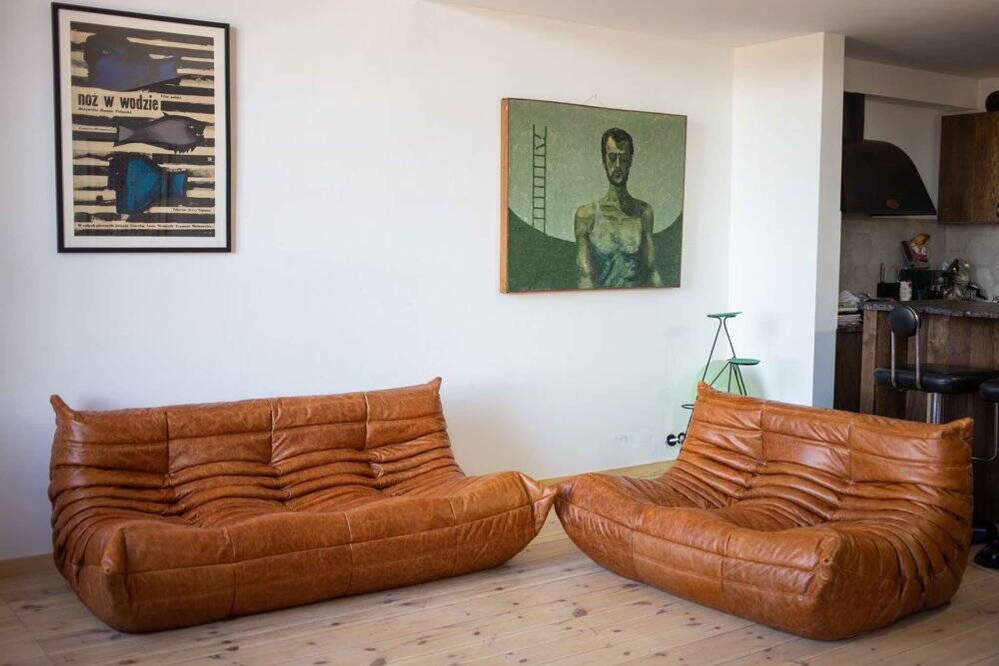 Set of pine leather Togo 2- and 3-seater sofas attributed to Michel Ducaroy for Ligne Roset, set of 2