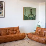 Set of pine leather Togo 2- and 3-seater sofas attributed to Michel Ducaroy for Ligne Roset, set of 2