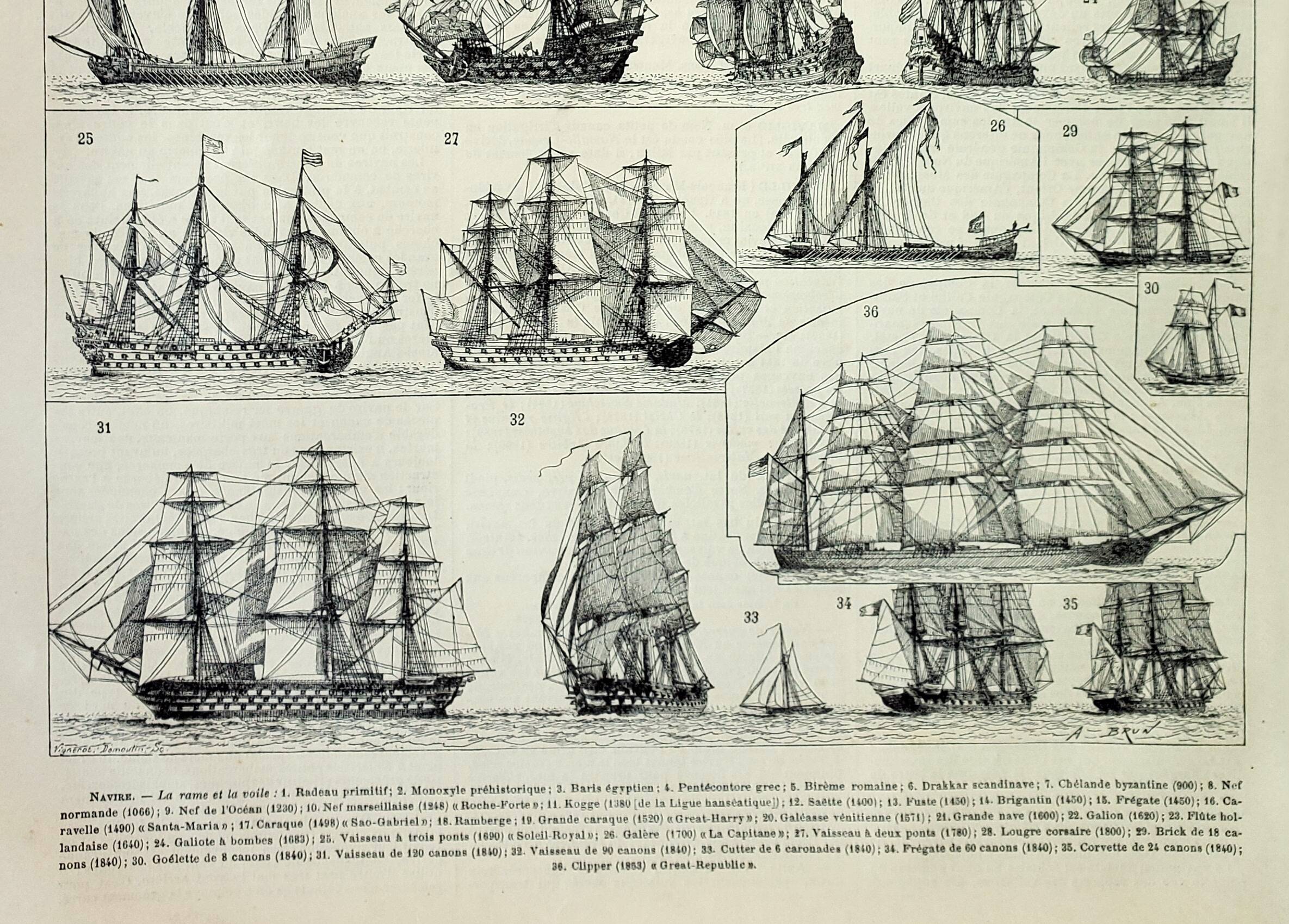 Old engraving 1898, Sailing boat and ship (1) • Lithograph, Original plate