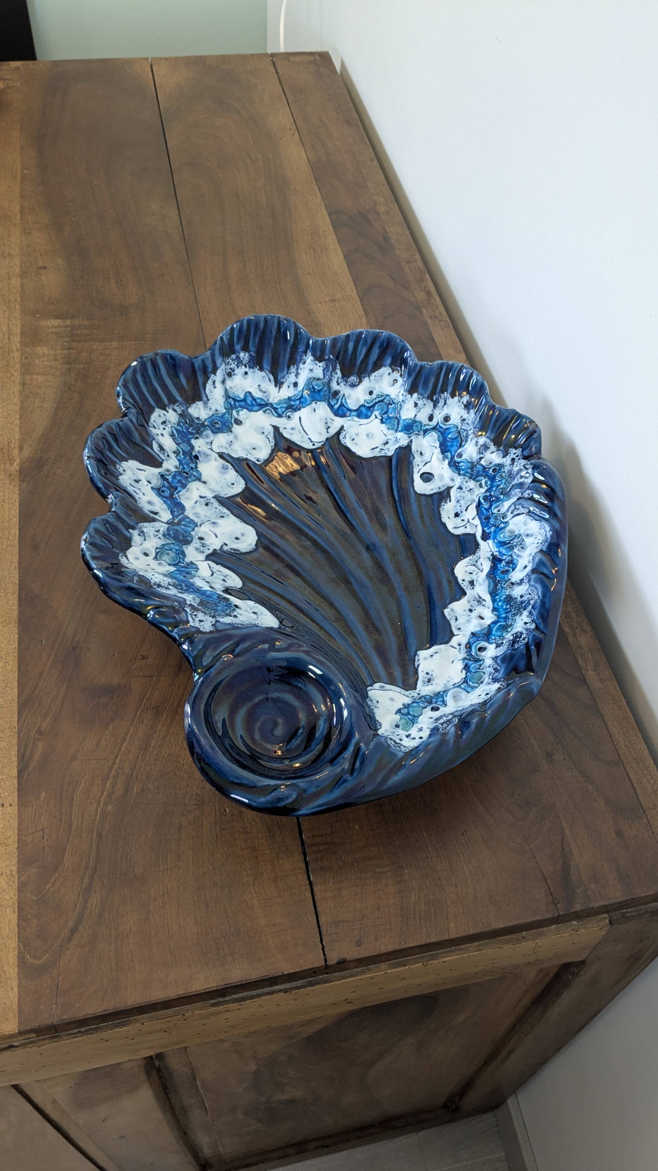 Large vintage shell-shaped blue glazed ceramic bowl