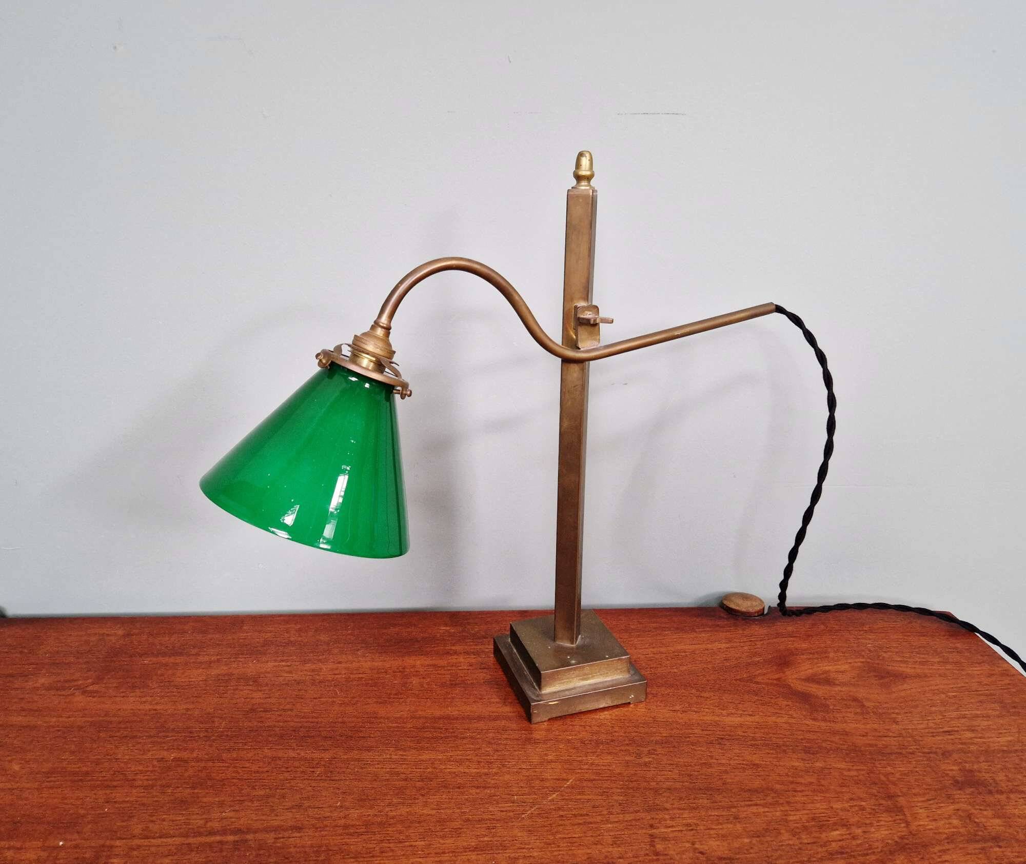 Bronze desk lamp with a green opaline conical shade, 1920.