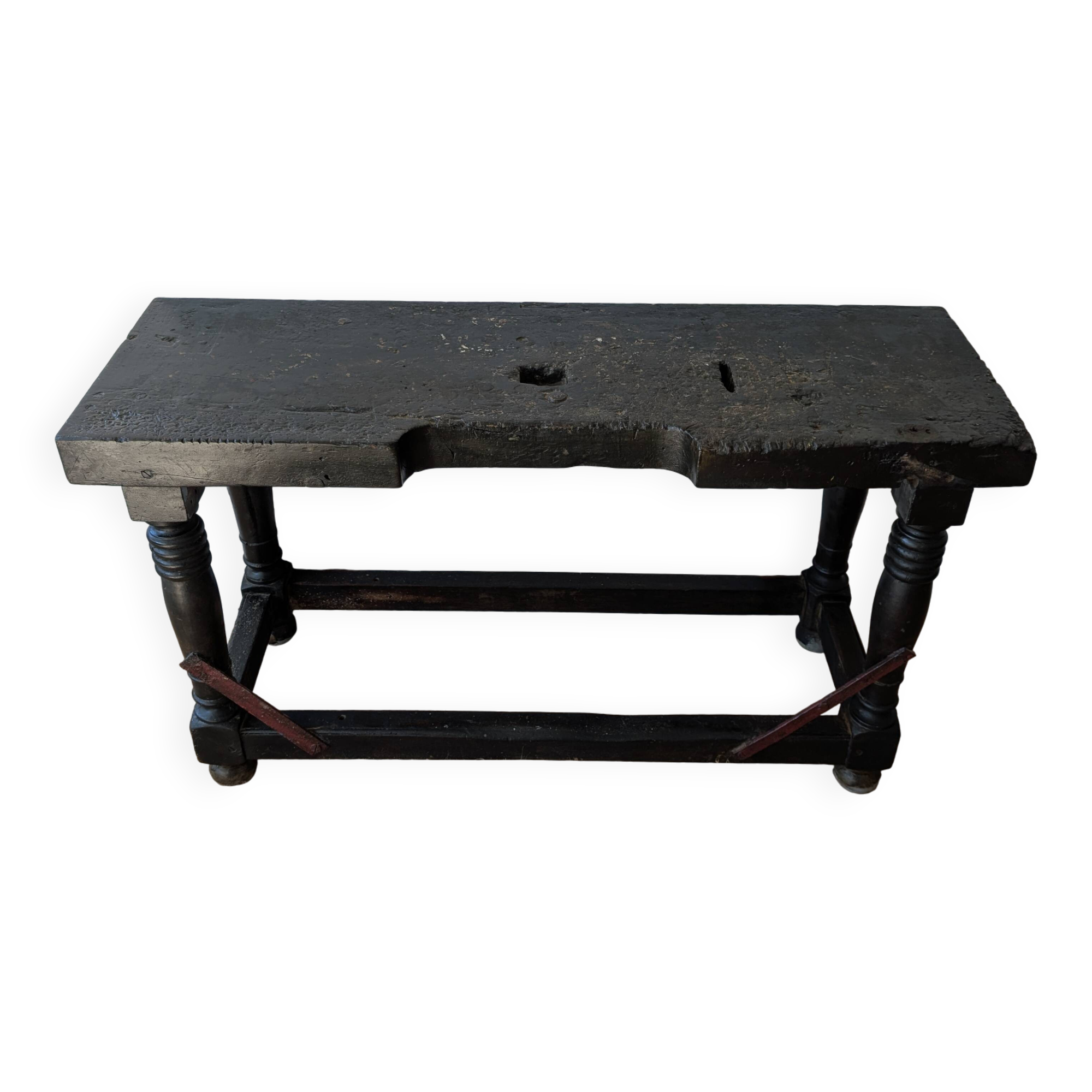 Console / old solid wood jeweler's workbench, turned legs
