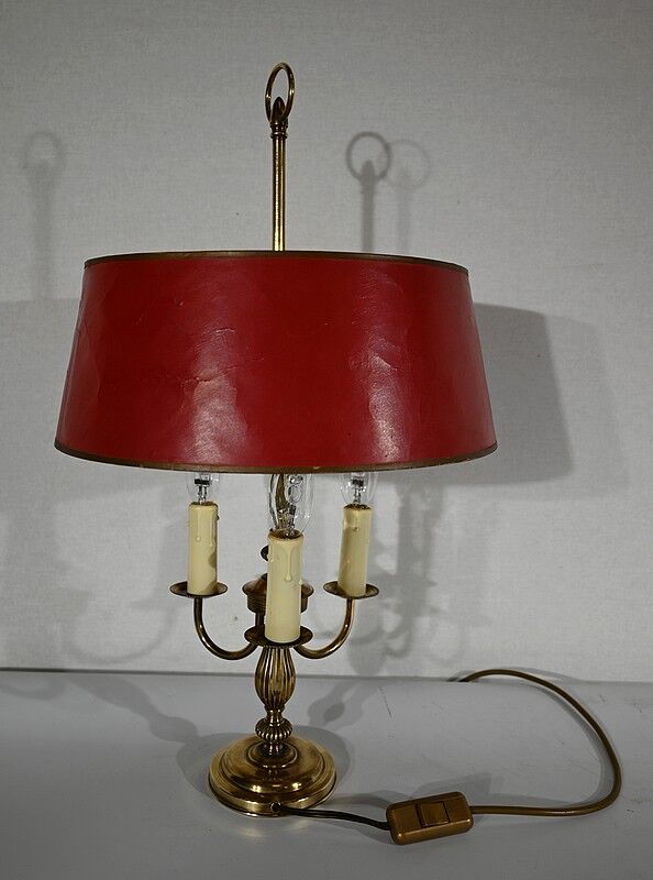 Brass bouillotte lamp with red lampshade, Louis XVI – XXth style