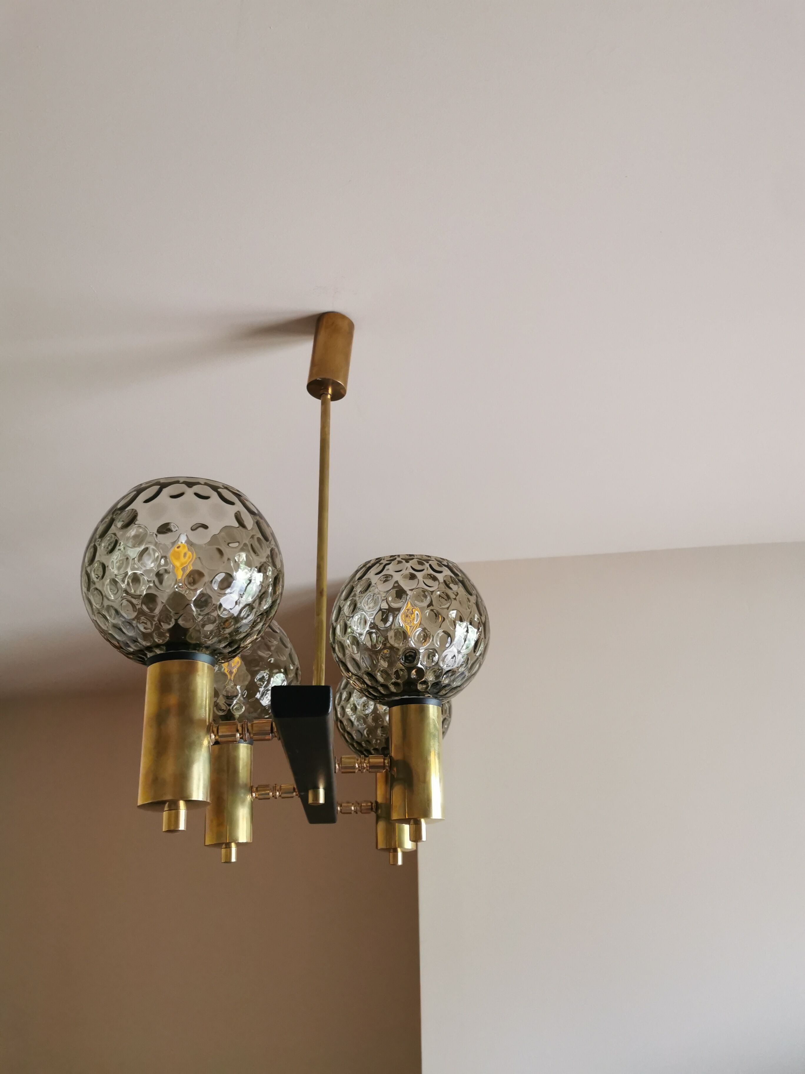 Vintage metal painted chandelier, brass and glass.