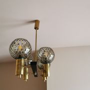 Vintage metal painted chandelier, brass and glass.