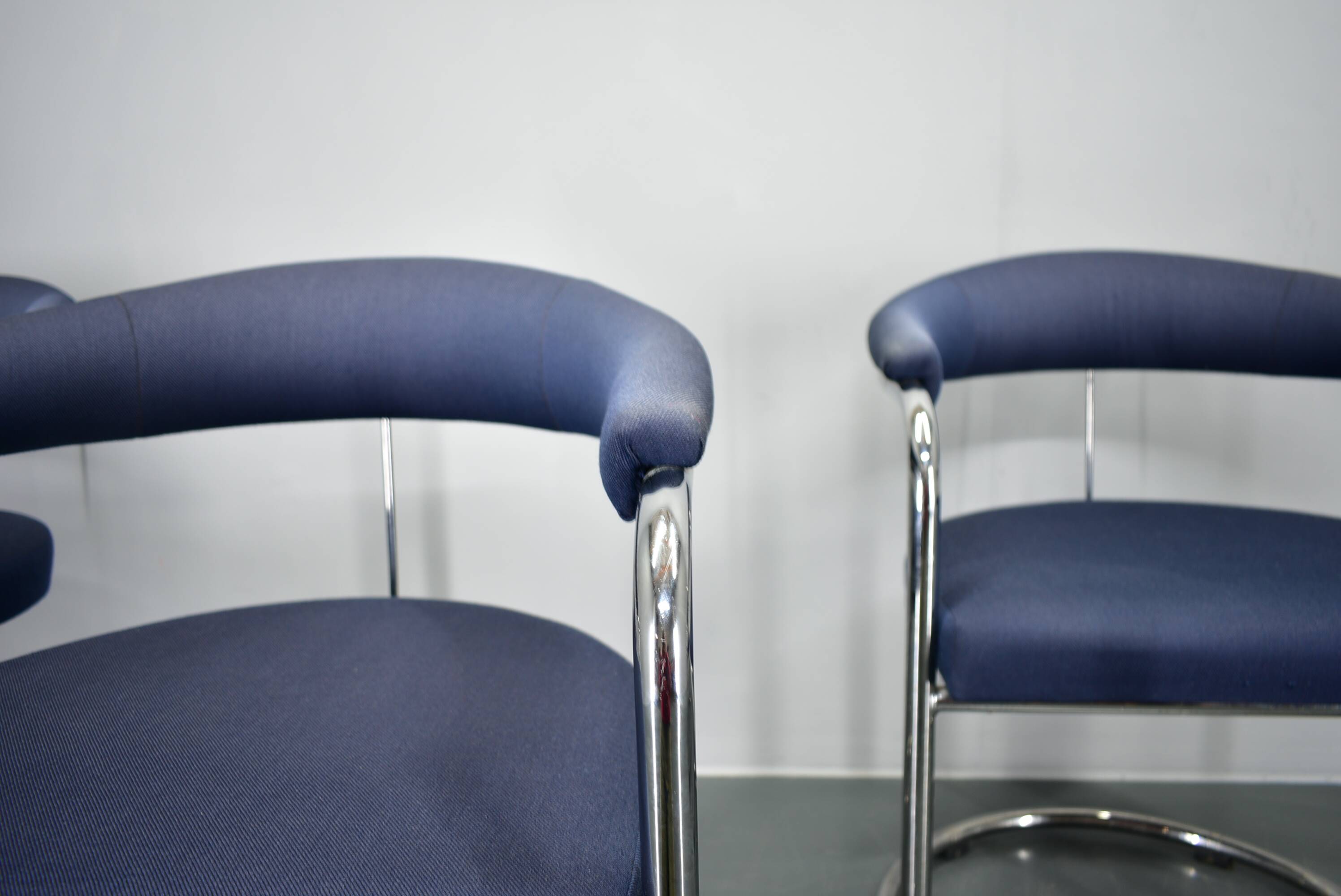 Anton Lorenz for Thonet "Ss33" Set of 4 chrome Armchairs in blue fabric , 1970s
