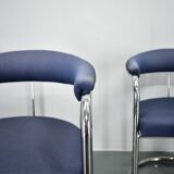 Anton Lorenz for Thonet "Ss33" Set of 4 chrome Armchairs in blue fabric , 1970s