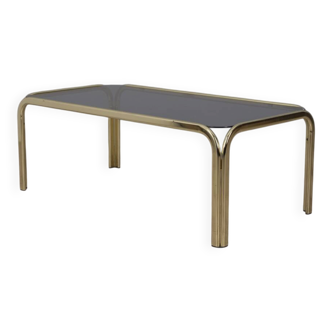 Vintage 1970s Italian-design coffee table in gilded brass and smoked glass
