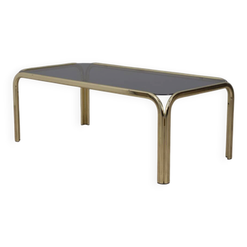 Vintage 1970s Italian-design coffee table in gilded brass and smoked glass