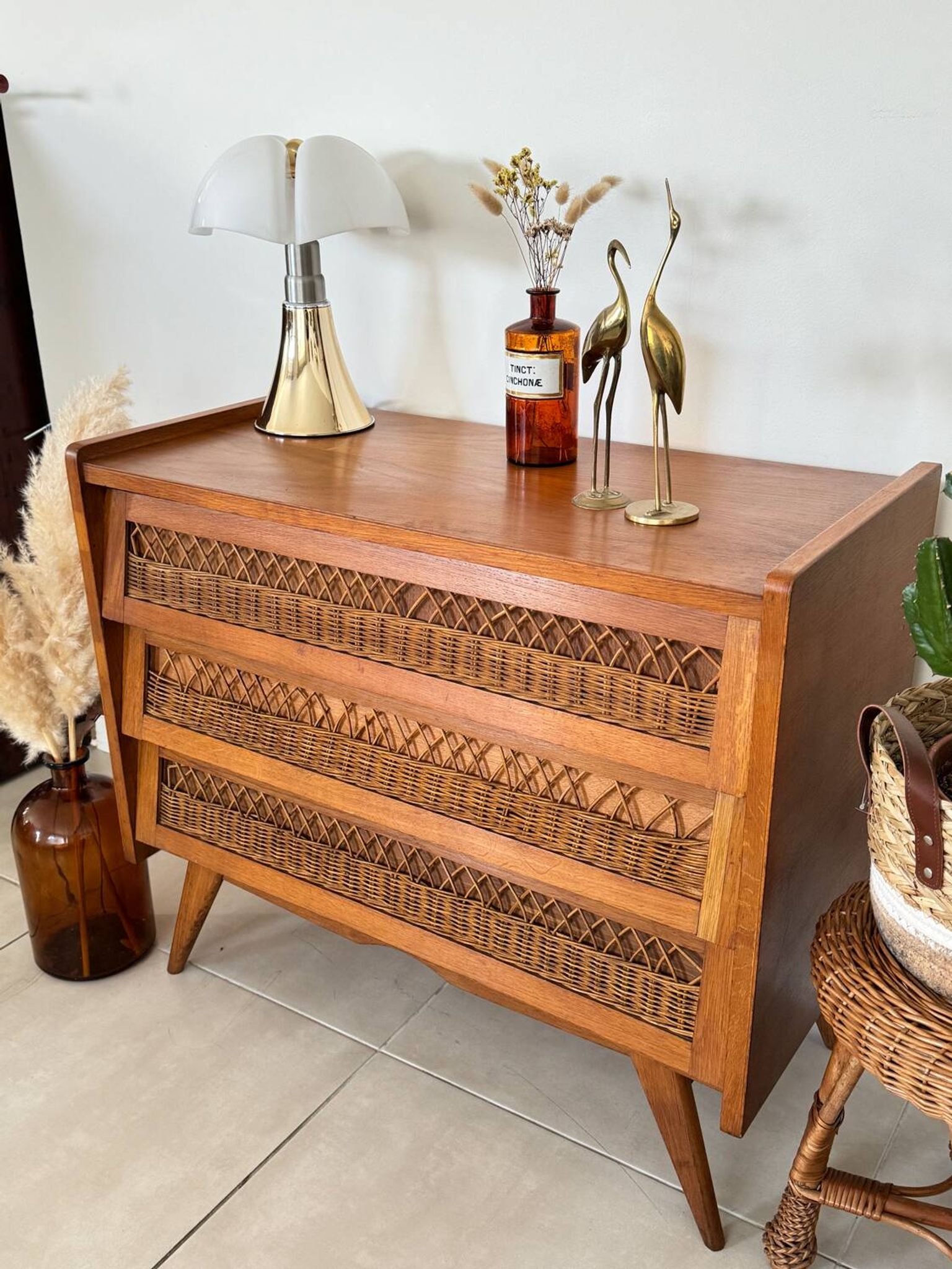 Commode bois et rotin vintage