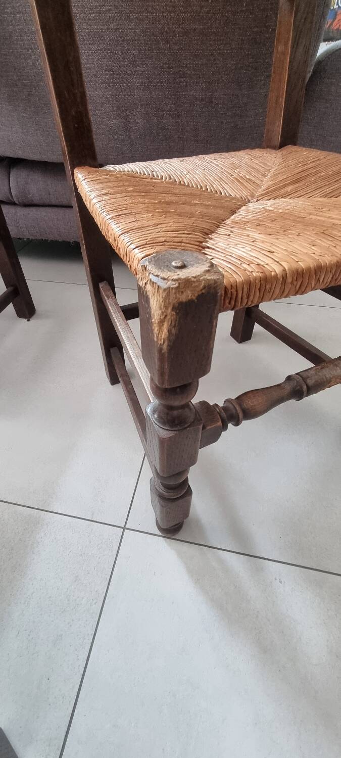 5 straw and wood chairs, brutalist 60s