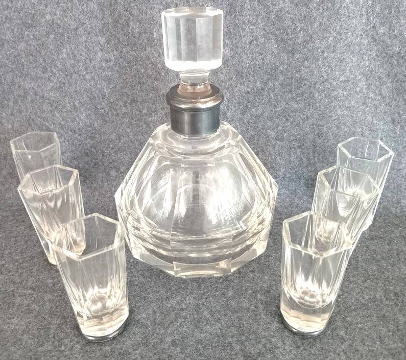 Antique liqueur set, decanter and 6 thick cut crystal glasses