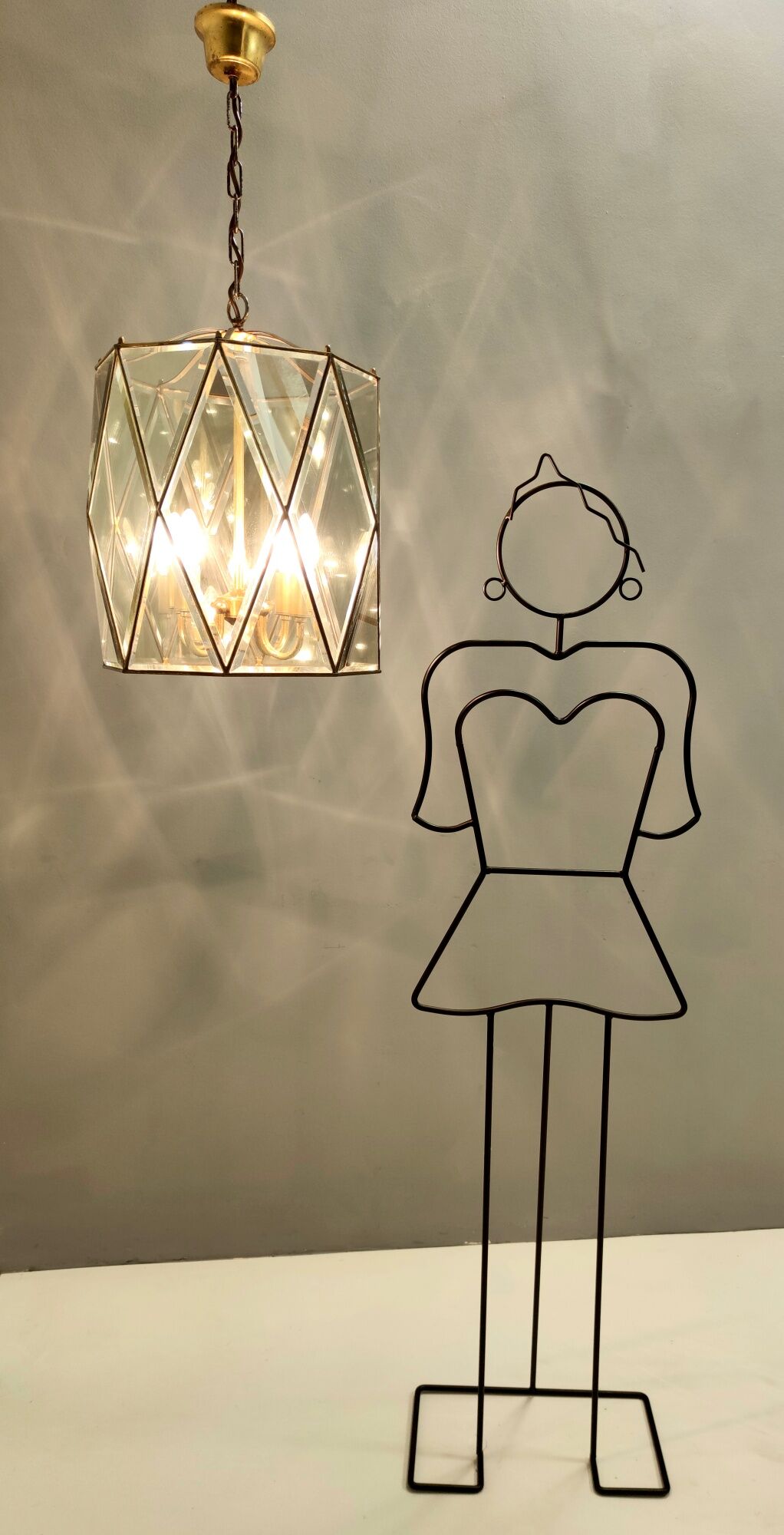 Vintage handmande octagonal glass and brass pendant lantern, Italy