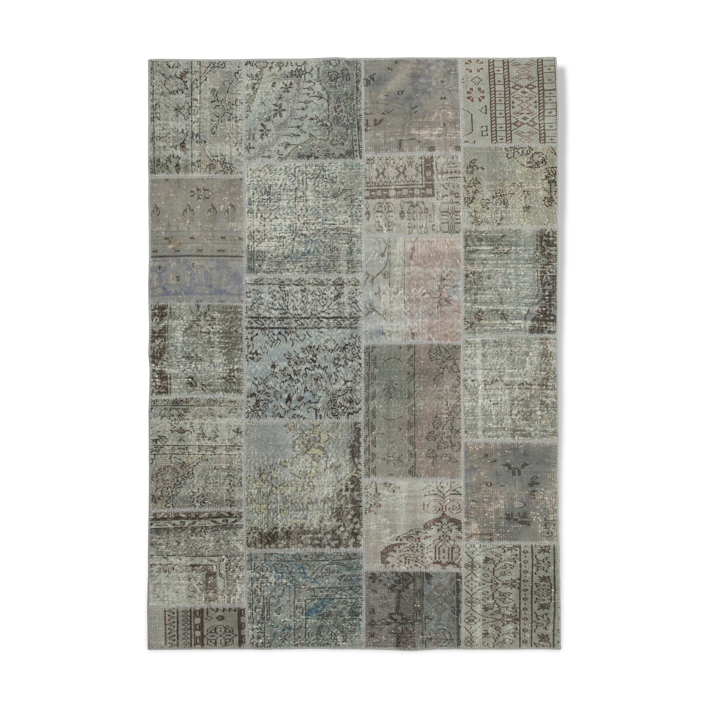 Hand-knotted turkish vintage 172 cm x 245 cm grey patchwork carpet