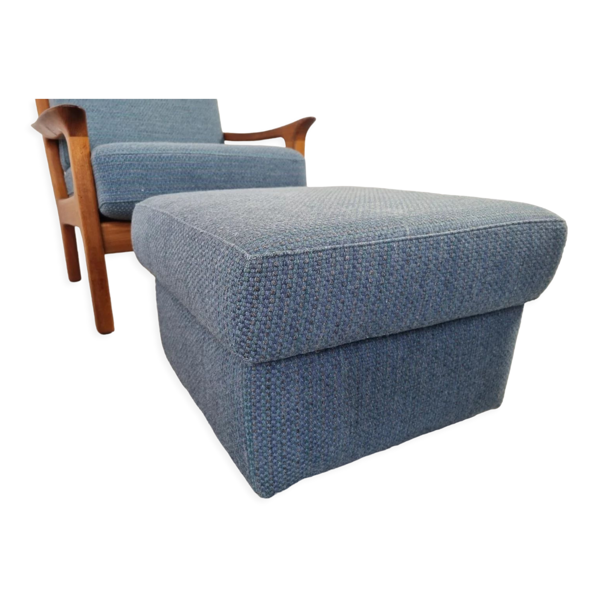 Pair of armchairs and Scandinavian teak ottoman by Juul Kristensen, Denmark 1970s