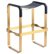 Contemporary kitchen bar stool in aged brass metal and navy blue leather.