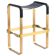 Contemporary kitchen bar stool in aged brass metal and navy blue leather.