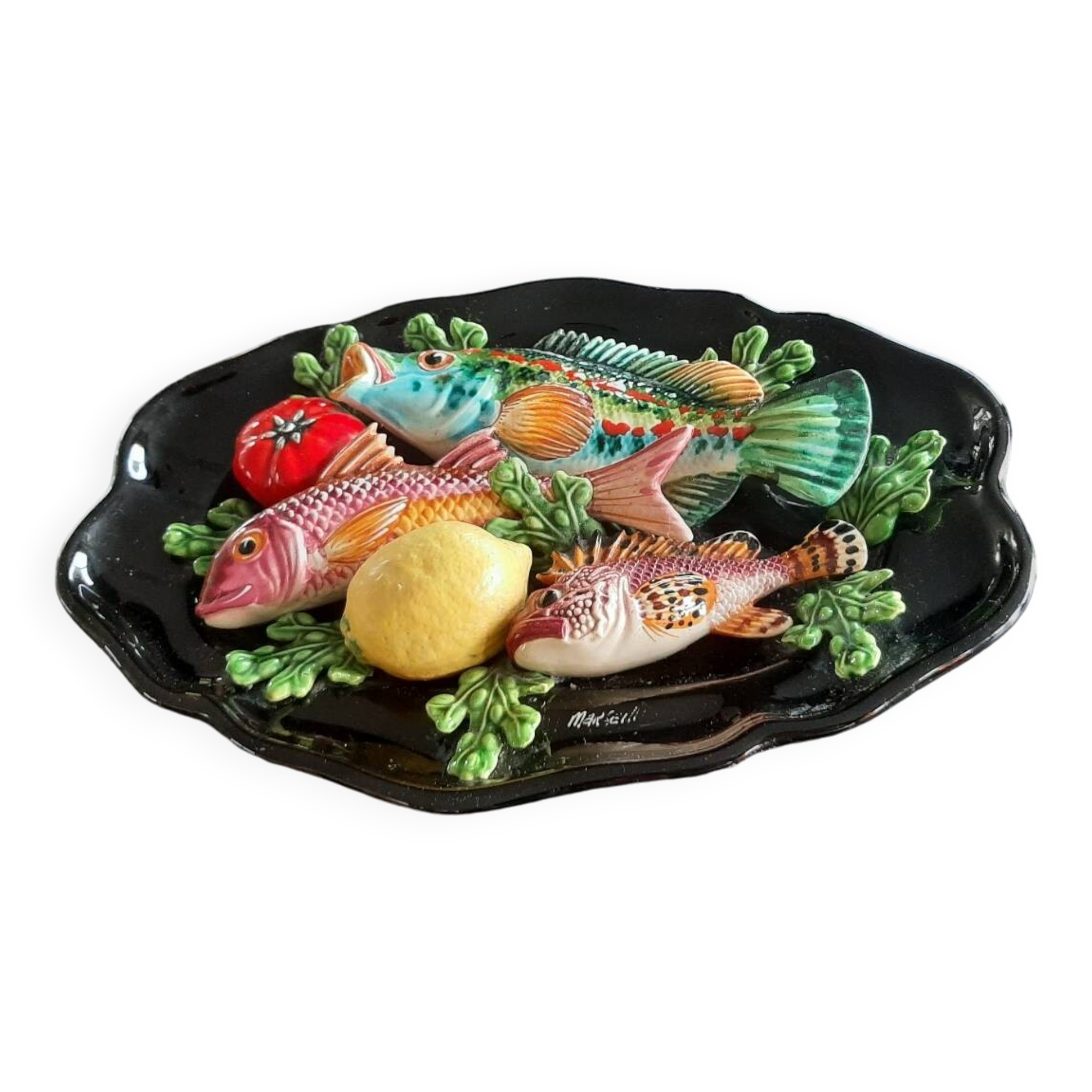Ceramic dish slip trompe l'oeil fish tomato lemon algae
