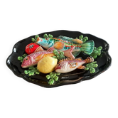 Plat céramique barbotine trompe œil poissons tomate citron algues