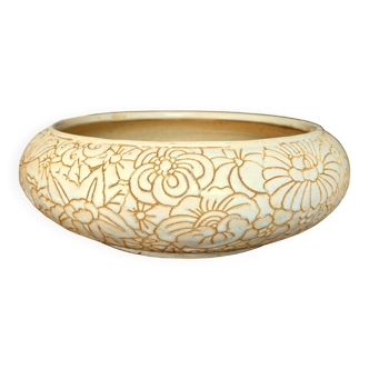 Large art-deco ceramic planter cup with stylized floral motif, in beautiful condition, like mougin?