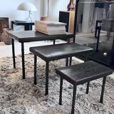 Brutalist nesting table in ebonized oak and wrought iron