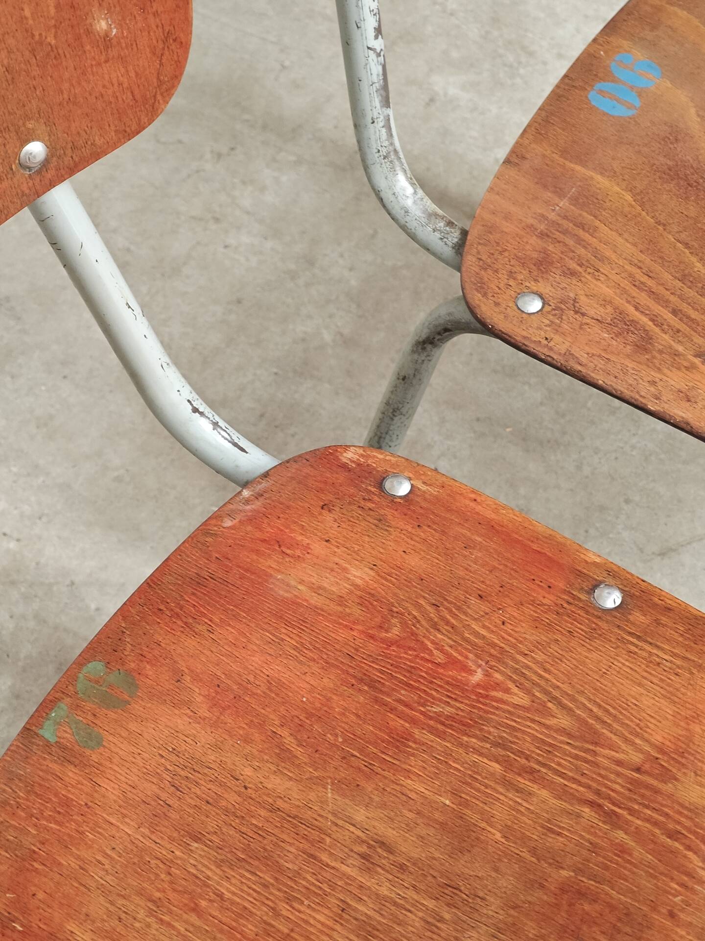 Set of 3 Czech school chairs in metal and wood.