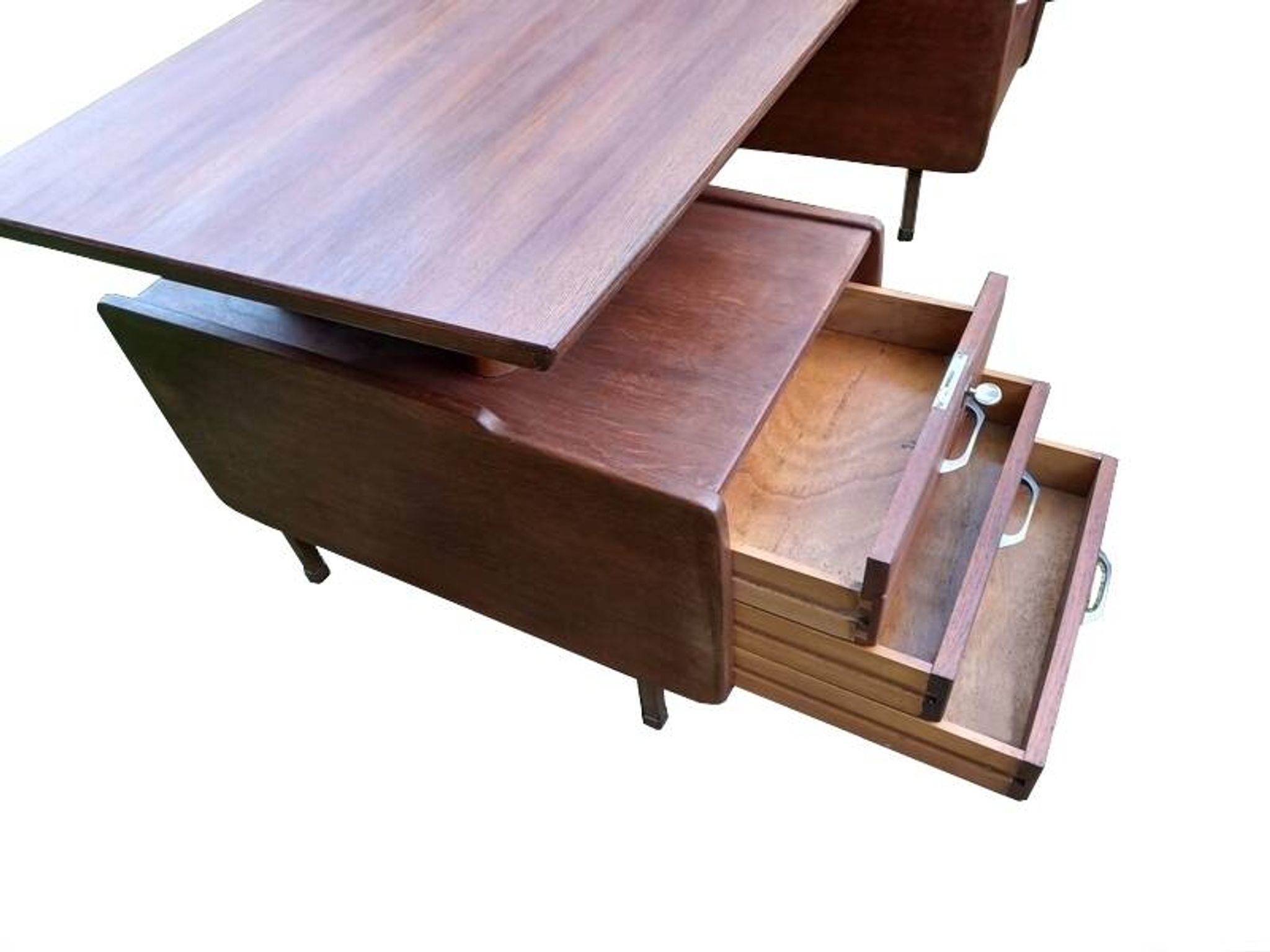 Vintage 1950s teak desk by designer Jacques Hauville.