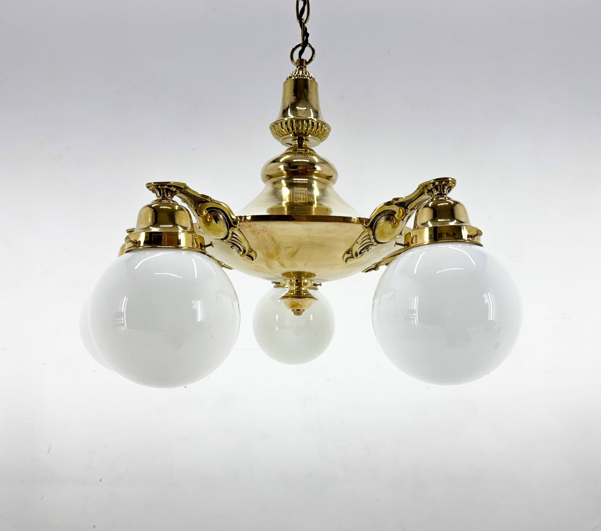 Large Art Deco Bras Chandelier, Restored