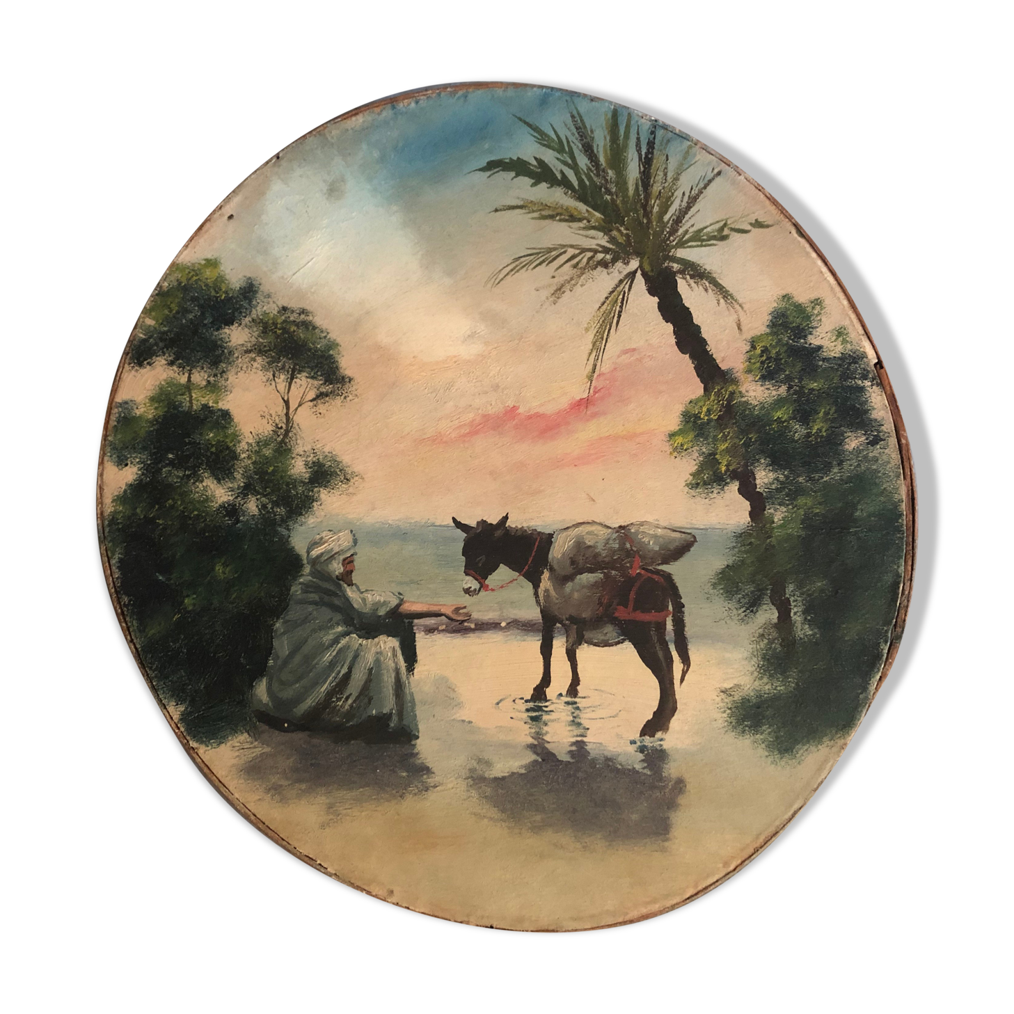 Ancient painted tambourine, oriental scene