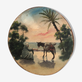 Ancien tambourin peint, scène orientale
