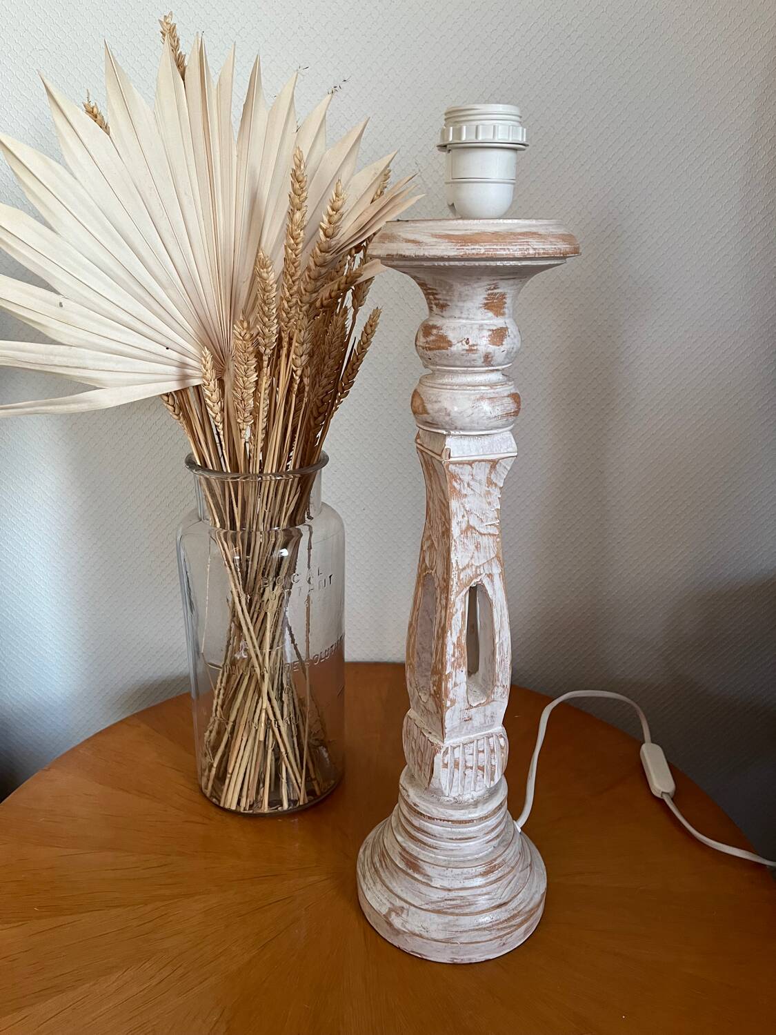 Wooden baluster lamp base with white cherry patina