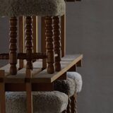 A hexagonal oak stool, seat refurbished in lambswool, Danish design from the 1950s.