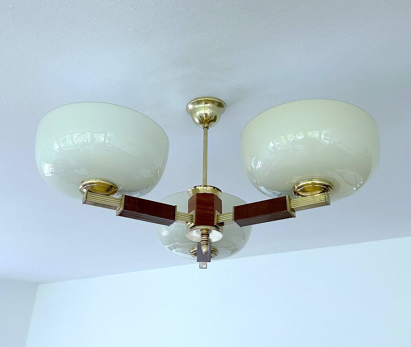 Large Art Deco pendant light in wood and glass, 1930s