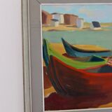 Original Swedish Mid-Century Oil on Panel “Boats and Fishing Nets ” by ALF (Affe) SKAGH (1916-1962)