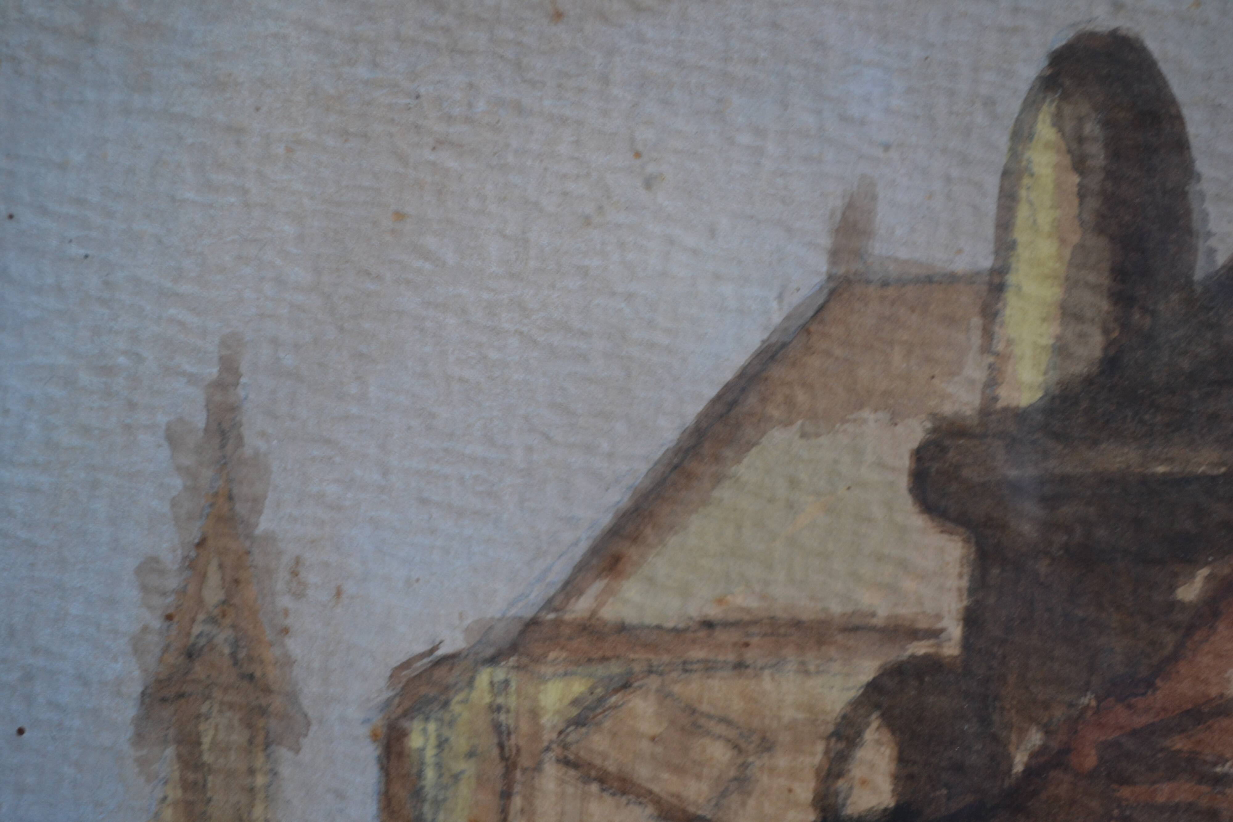 Ancient gouache painting rue brise miche le marais paris