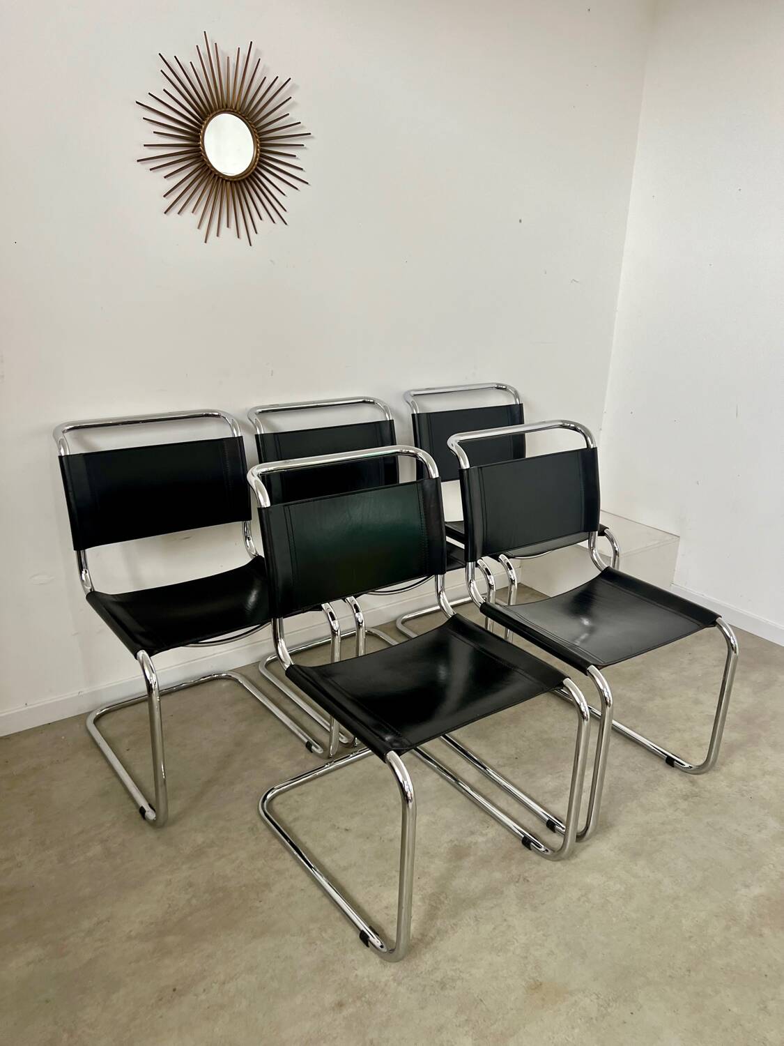 Lot 5 tubular chairs S33 design Mart Stam for Fasem in vintage black leather cantilever