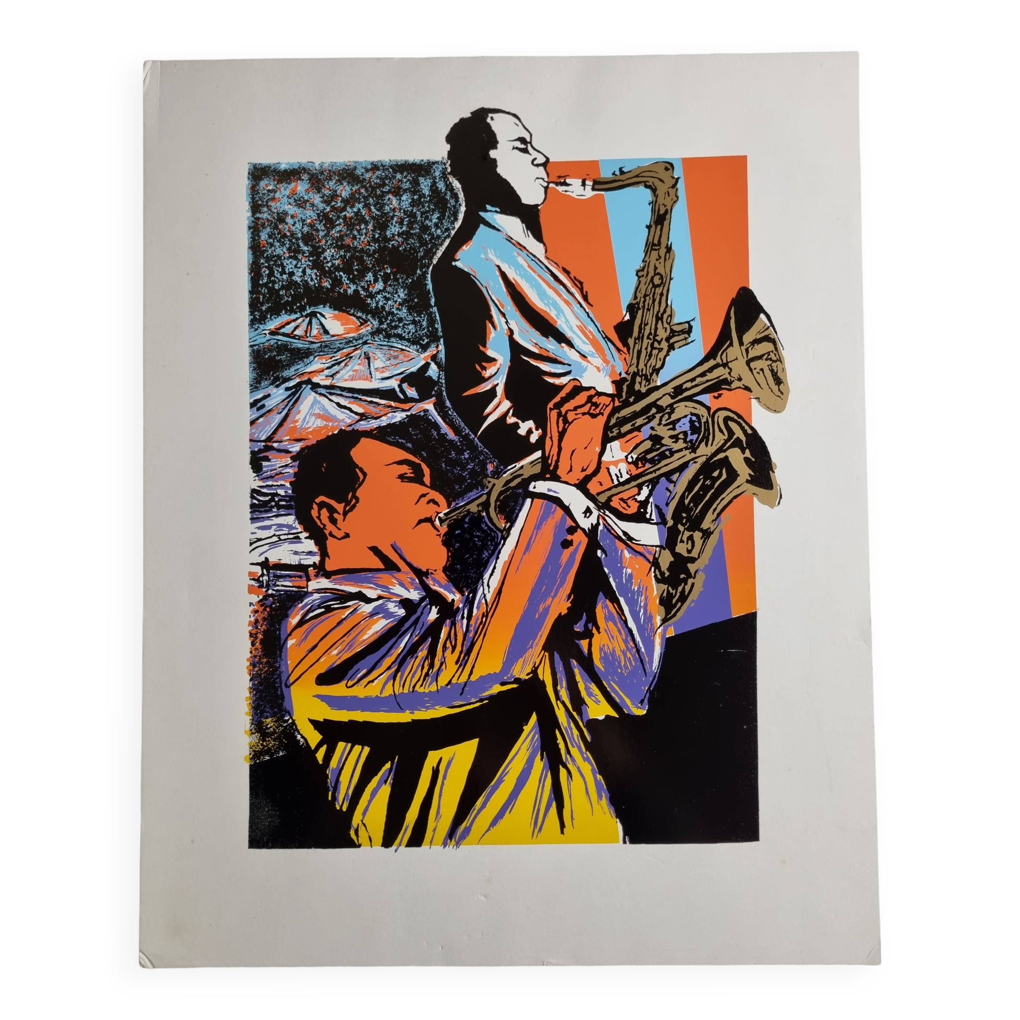 Jazz Screenprint - Musicians on Saxophone and Trumpet, Atelier Images, Paris (32 x 45 cm)