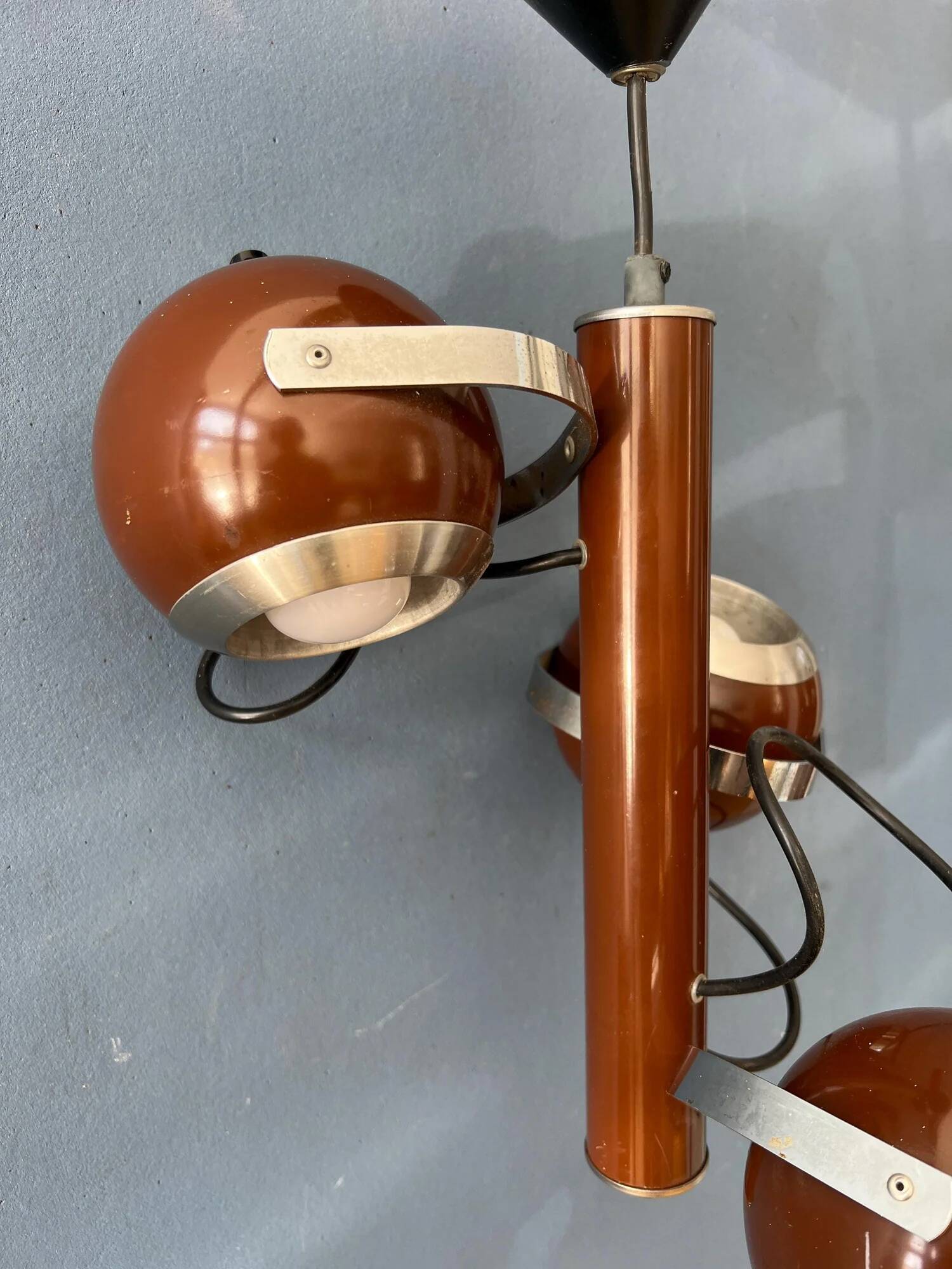 Brown vintage space age pendant lamp with three eyeball shades
