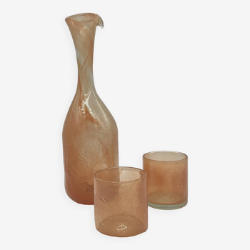 Carafe en verre craquelé et deux verres - Artisanat tunisien