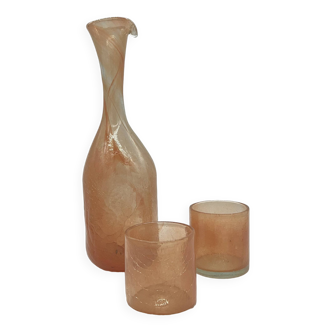 Carafe en verre craquelé et deux verres - Artisanat tunisien