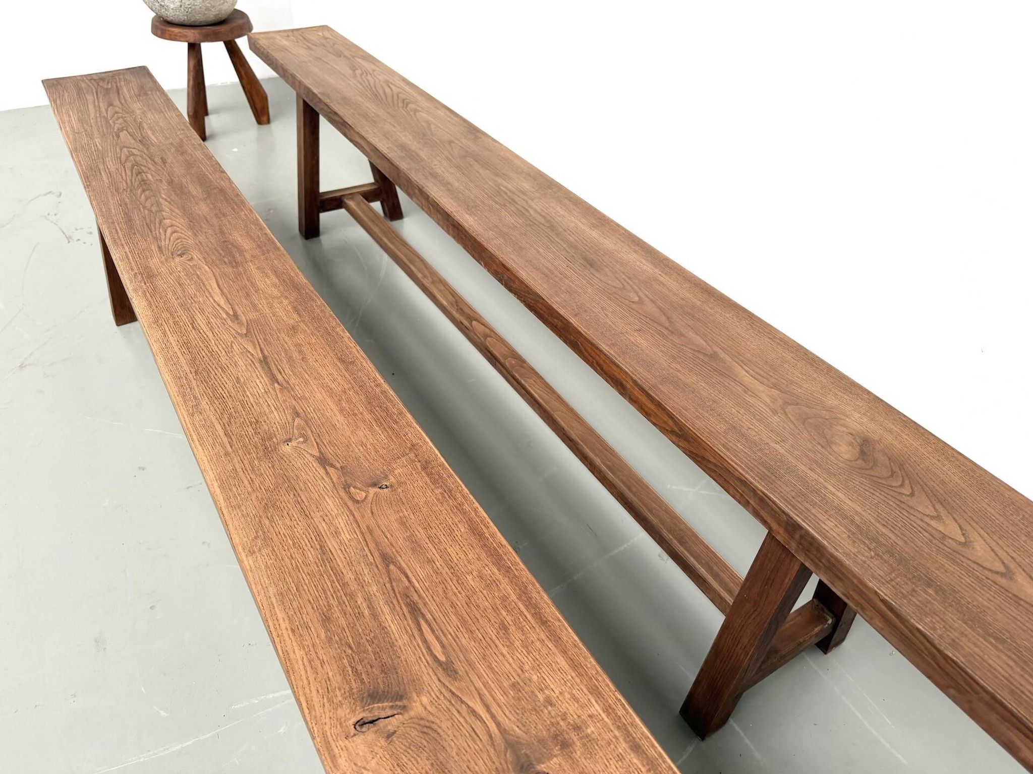 Pair of XL size benches in solid oak, 1950s.