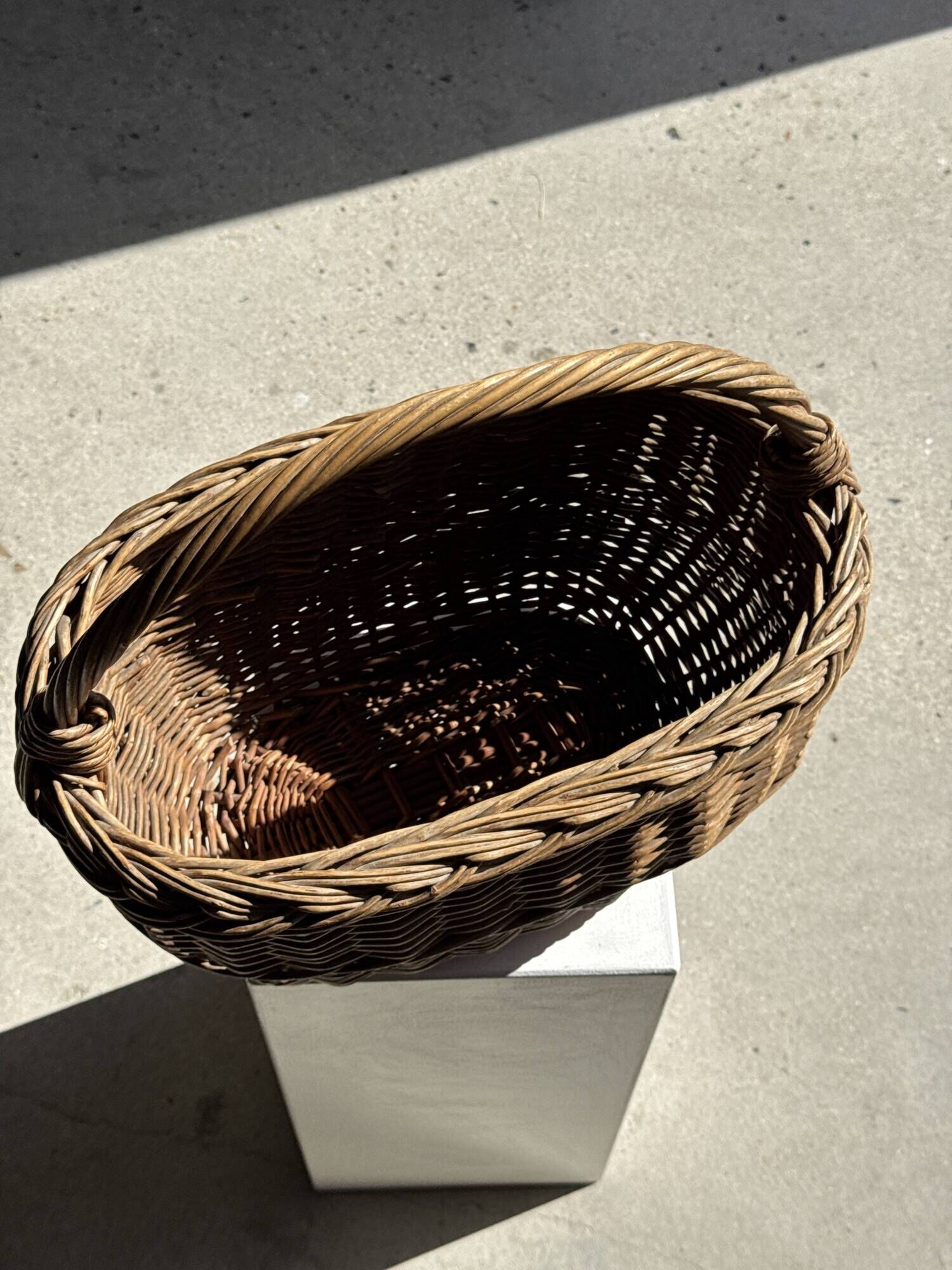 Large antique woven wicker basket with handle H45 L43 D25
