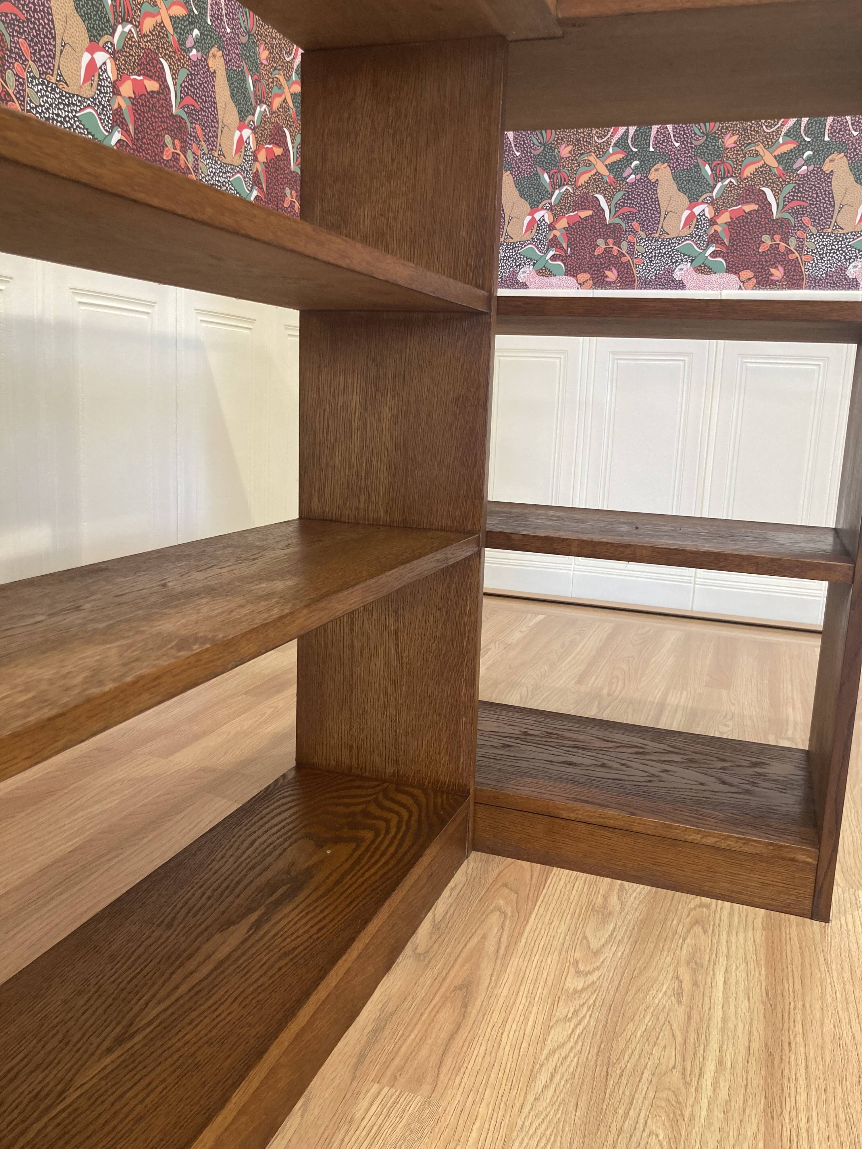 Large oak corner bookcase, 1950s design.
