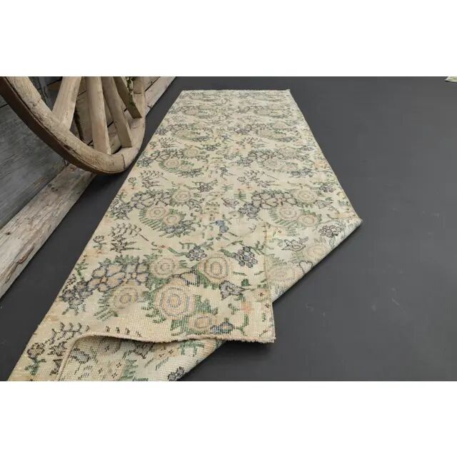1970s Vintage Turkish Hand-Knotted Wool Cotton Tan Runner Rug 93x287