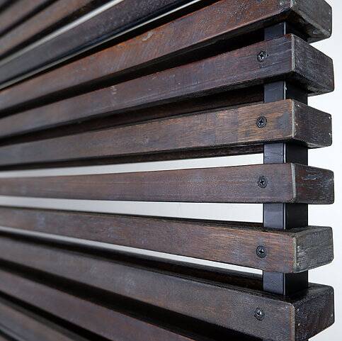 Slatted wood panel room divider or slatted coat rack with 10 mobile hooks