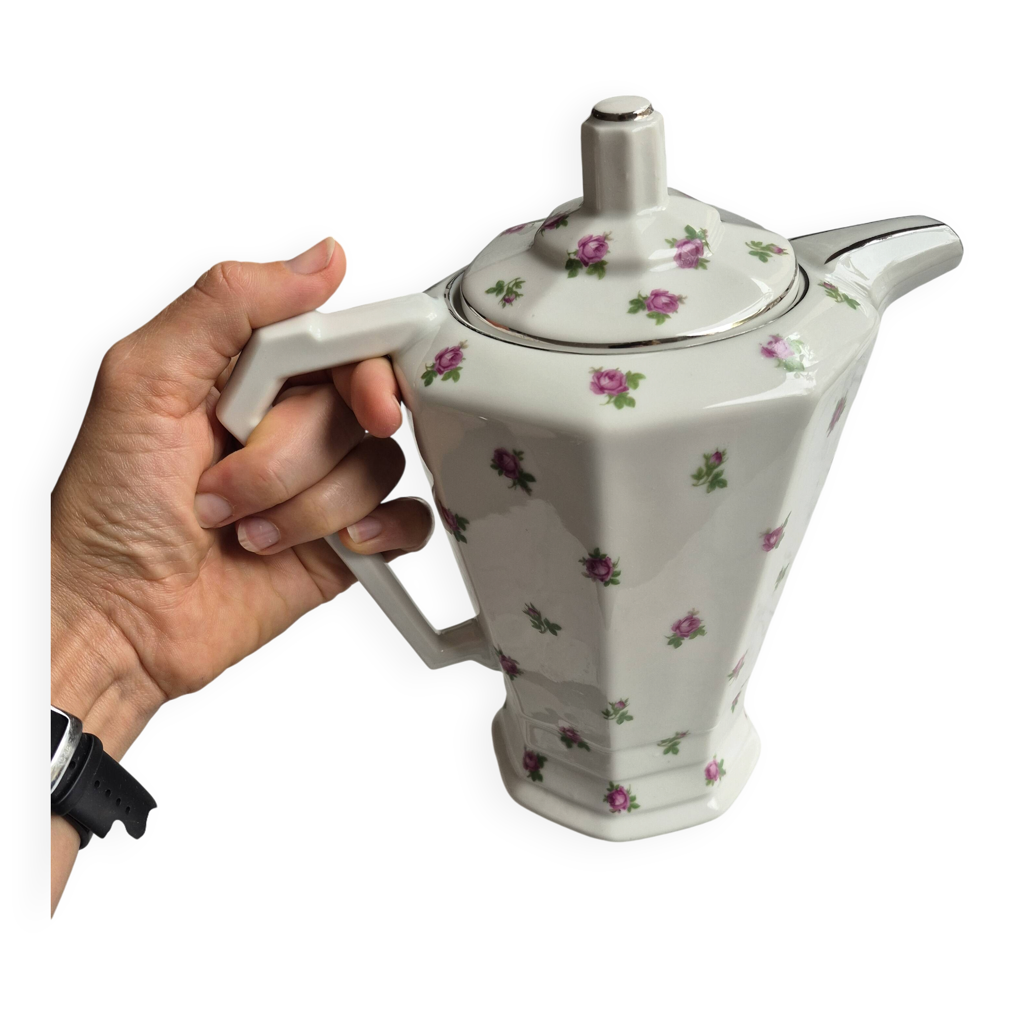 Limoges porcelain coffee pot B&D Roses & silver trim