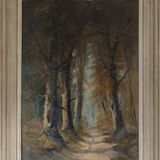 huile sur toile ancadrée XXème Chemin en sous bois