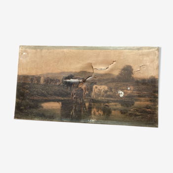 Canvas print depicting bulls by a lake