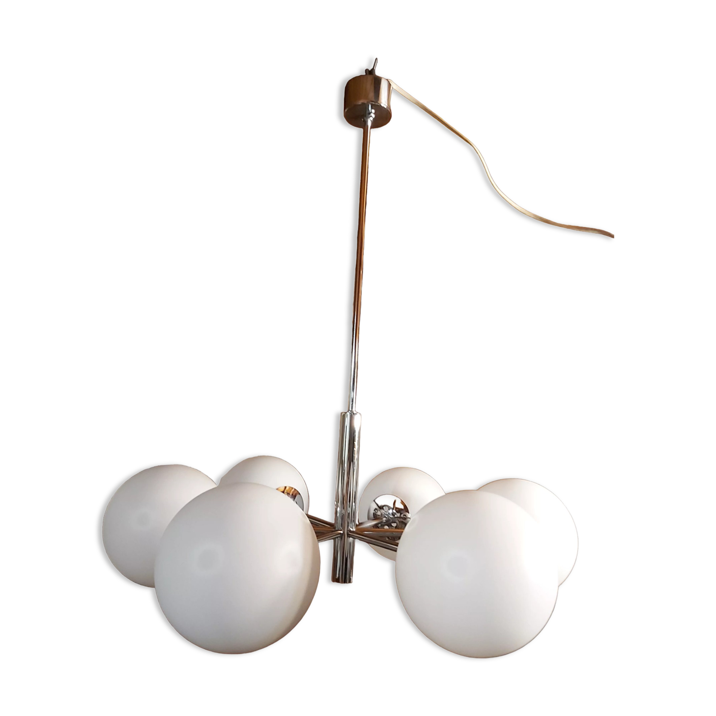 Chrome Sputnik chandelier and white frosted glass globes